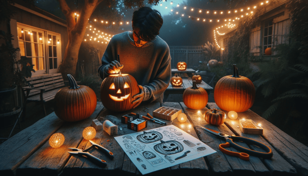 DALL·E 2023 11 01 16.24.57 Photo capturing a mid journey moment of creating a Halloween setup. In a dimly lit backyard during twilight several real pumpkins sit on rustic woode 1