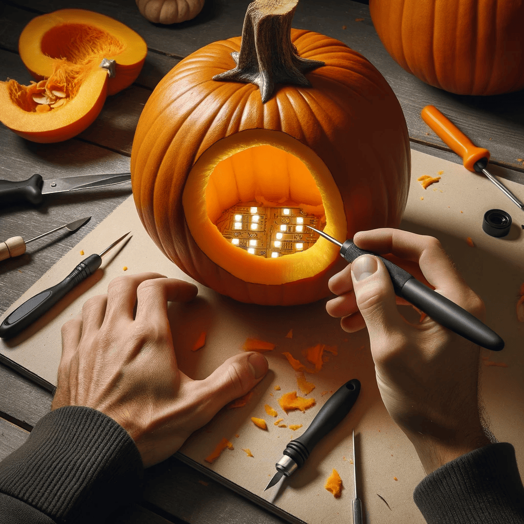 DALL·E 2023 11 01 16.18.44 Photo of a real pumpkin being prepared for LED insertion. The scene displays a hand carving a hole at the pumpkins base with carving tools around. T 1